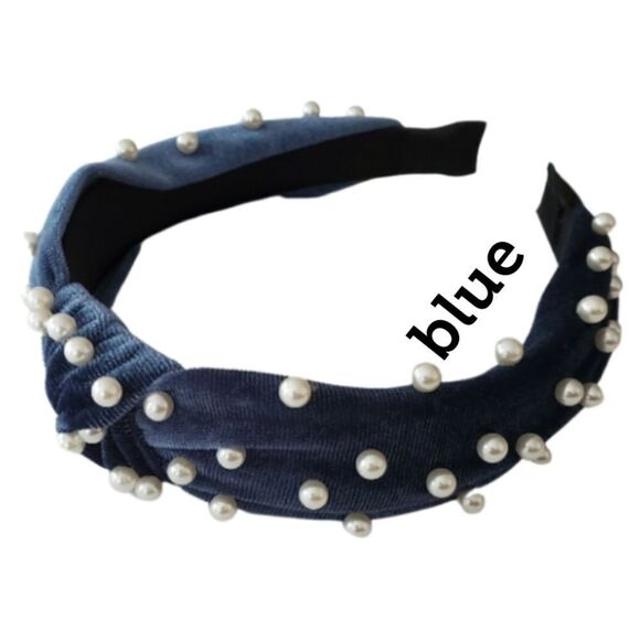 CHOOSE YOUR COLOR Pearl Studded Top Knot Velvet Headband NEW - Picture 4 of 9